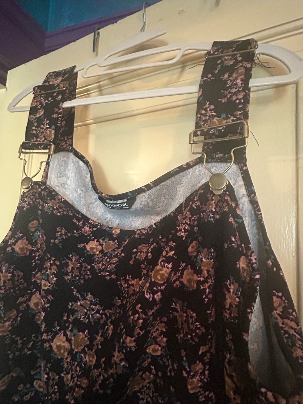 BloomChic Black Floral Midi Pinafore Dress with Brown and rose Accents - Picture 2 of 9